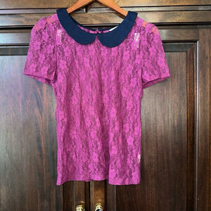 Women's Speechless Top Size M Purple Lace Peter Pan Navy Collar Short Sleeve